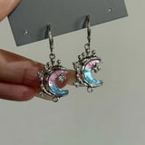 Daiiibabyyy  Korean Style Blue Zircon Moon Stud Earrings For Women Exquisite Sweet Cute Temperament Earrings Wedding Jewelry