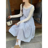 Daiiibabyyy  Korean Style Dress Set Women Spring Gentle Long Plaid Slip Dress Layered Lace Long Sleeve T-shirt Two Piece Set Women Outfits