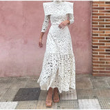 DAIIIBABYYY  -  Elegant Hollow Out Lace Maxi White Dress Women's Fashion Mock Neck Long Sleeved Shoulder Padded Robe Evening Females Wear