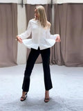 Daiiibabyyy  Lapel Waist Cinching Ruffle Shirt Women Elegant Turn-down Collar Long Sleeve Button Slim Blouse Top Spring Chic Ladies Partywear