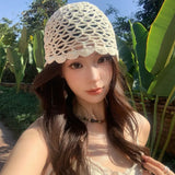 Daiiibabyyy  New Spring and Summer Hand-knitted Sequin Openwork Knitted Cold Hat Women's Literary Crochet Versatile Fashion Beanie Caps