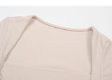 Daiiibabyyy  French Vintage Women Beige Elegant Square Neck Fishtail Evening Party Dresses Autumn Long Sleeve Vacation Pleated Wrap Hip Dress