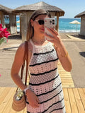 Daiiibabyyy  Women Knitted Hollow Out Mini Dresses Round Neck Sleeveless Off Shoulder Short Dress Lady Casual Summer Holiday Beach Robes