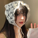 DAIIIBABYYY  -  French Solid Color Lace Headscarf Spring and Summer Travel Versatile Sweet Cute Pastoral Style Triangular Hair Scarf for Women