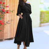 Daiiibabyyy  Women Summer Dress Solid Color Lantern Sleeve Belt Off Shoulder Pleated Mid-calf Vestidos Perfect for Casual Summer Days