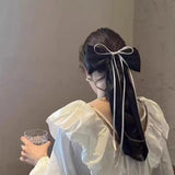 Daiiibabyyy  Women Korean Style Large Satin Bow Hair Clips Long Tassel Ribbon Wedding Party Daily Elegant Ponytail Headwear