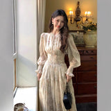 Daiiibabyyy  French Tea Break Floral Chiffon Long Dress Women's Autumn Winter New Style Beautiful Waist Cinching Maxi Skirt V-neck