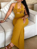 Daiiibabyyy  Solid Spliced Appliques Slimming Backless Dresses for Women Halter Sleeveless High Waist Temperament Dress Female Fashion