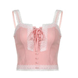 DAIIIBABYYY  -  Y2K Tie Up Lace Tank Top with Lace Patchwork Skinny Pink Square Collar Women Cropped Vest Chic Streetwear Fairy