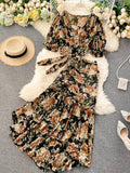 DAIIIBABYYY  -  Bohemian Pink/Blue Floral Print Chiffon 2pcs Set Women Summer Bandage Short Tops + High Waist Mermaid Skirt Female Sets