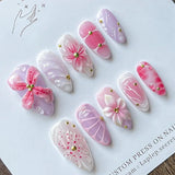 Daiiibabyyy  24pcs Wearable Fake Nails Pink Long Almond False Nail Flower Starfish Pattern Design Press on Nails Pearl Full Cover Nail Tips