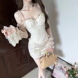 Daiiibabyyy  French Retro Slim Fit Slimming Lace Mesh Ruffle Edge Top Sweet Spicy Girl One Shoulder Pure Desire Temperament