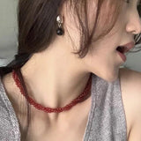 Daiiibabyyy  Handmade Red Color Agate Natural Stone Twist Rope Chain Double Layers Beaded Necklace for Women Silver Toggle Clasp Choker