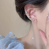 Daiiibabyyy  Shiny Zircon Long Chain Tassel Pendant Ear Clip for Women Luxury Flower Ear Needles Ear Clips Earrings Fashion Wedding Jewelry
