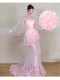 Daiiibabyyy  Pink Long Wedding Dresses Women Tulle Flowers Strapless Pleat Mermaid Formal Prom Party Dance Bridal Evening Dresses