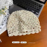 Daiiibabyyy  New Spring and Summer Hand-knitted Sequin Openwork Knitted Cold Hat Women's Literary Crochet Versatile Fashion Beanie Caps