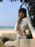 DAIIIBABYYY  -  American Hot Girl Hollow V-neck T-shirt for Women's Spring Long-sleeved Grey Slim Fit Sexy Short Top Fashion Female Clothes