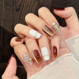 Daiiibabyyy  10pcs Handmade False Nails Brown Gold Glitter Star Rhinestone Decor Press On Nails Luxury Fake Nails For Party Photography Daily
