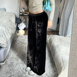 Daiiibabyyy  Women's Low Waist Pants Black Slight Flare Trousers Star Embellished Velvet Pants Drawstring Waist Wide Leg Flared Pants