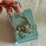 Daiiibabyyy  Vintage Distressed Tarot Card Sun Moon Stars Necklace Niche Unique Design Premium Bracelet Jewelry New