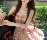 Daiiibabyyy  Vacation Style Floral Oil Painting Mini Slip Dress Female Clothing Hotsweet Summer Fashionable Lace Drawstring Ball Gown Dresses