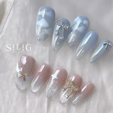 Daiiibabyyy Bow Ice Translucent Sense Handmade Wearable Fake Nail Gradient AB Asymmetric Almond false Nails Trim Nail Shape Nail Decoration