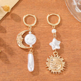 Daiiibabyyy  Luxury Vintage Style Sun Moon Asymmetric Faux Pearl Women Dangle Earrings Suitable For Banquet And Dinner Matching
