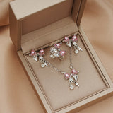 DAIIIBABYYY  -  2024 Fashion Sweet Zircon Bow Necklace Earrings Rings Set Three Pieces Silver Color Elegent Luxury Y2K Jewelry Set Party Gifts ﻿