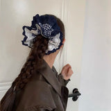 Daiiibabyyy  1PC Large Navy Blue Plaid Hair Scrunchie With Lace Trim, Chic Ruffled Hair Tie, Stylish Hair Accessory For Women