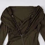 Daiiibabyyy  Beaded Design Low Cut V-neck Pleated One Shoulder Split Half Sleeved Top Sexy Temperament Spicy Girl T-shirt