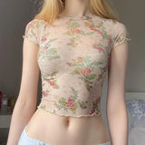 DAIIIBABYYY  -  Retro Sexy Gauze Spicy Girl Summer Pullover O-Neck Patchwork Print Fashion Slim All-match Casual Short Sleeved T-Shirts Top