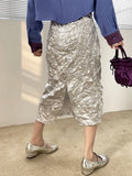 DAIIIBABYYY  -   Texture Long Silver Skirt For Women  Summer Metallic High Fashion A Line Glitter Slit Midi Skirt Designer Clothes
