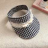 DAIIIBABYYY  -  Korean Version Bow Lace Decorative Plaid Empty Top Hat Women's Summer Outdoor Vacation Shading Foldable Sweet Sun Cap Gorras