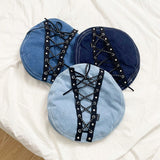 DAIIIBABYYY  -  Spring and Summer New Sweet Cool Babes Denim Flat Top Painter Hats for Women Retro Punk Style Niche Rivet Design Berets Cap Y2k