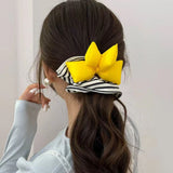 DAIIIBABYYY  -  Yellow cotton bow black and white striped pleated large intestine hair tie, fashion versatile cute sleep hair tie hair accessory