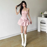 DAIIIBABYYY  -  Barbie Princess Sakura Pink Bow Waist Puffy Skirt Lace Patchwork Sweet Dress Women