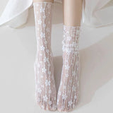 DAIIIBABYYY  -  2pairs Women Sexy Lace Flower Fashion Ultra-thin Transparent Summer Japan Style Hollow Mesh Crew Socks Harajuku Retro Long Socks