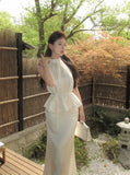 Daiiibabyyy  French Style Satin Halter Cami Top Women Summer High Waist Mermaid Skirt Set Sleeveless Elegant Two Piece Outfit high quality