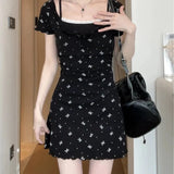 Daiiibabyyy  Korean Floral Sweet Dress Women Lace Patchwork Slim Mini Dress Casual Fashion Preppy Style Short Sleeve Female Cute Dress