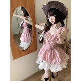 DAIIIBABYYY  -  Sweet Camis Dress Patcwhork Square Neck A-line Mini Dresses Summer Korean Fashion Hot Girls Sexy Skirt Preppy Female Clothes