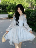 DAIIIBABYYY  -  Women's Chic Irregular Ruffles Shell Decoration Mini Dress Autumn Winter Long Sleeve Off Shoulder Fairy Evening Sequin Vestidos