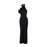 Daiiibabyyy  Sexy Halter Neck 3D Flower Design Backless Long Dress Women Solid Lacing Sleeveless Slit Maxi Dresses Elegant Evening Party