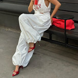 Daiiibabyyy  New Fashion Casual High Waist Solid Color Loose Fit Eastic Waist Wide Leg Pants