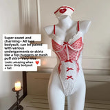 Daiiibabyyy  Sexy Maid Costume Set Halloween Sweetheart Nurse Lace Strap Mesh Pure Desire Puffy Skirt Two-Piece Suit for Women