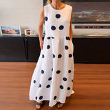 Daiiibabyyy  Elegant High Waist Vacation Dress Leisure Crew Collar Sleeveless Polka Dot Printed Dress Summer Fashion Loose Pleated Maxi Dress