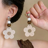 Daiiibabyyy  Bohomian Woven Rattan Hollow Out Flower Drop Earrings for Women Retro Wooden Beads Dangle Earrings Vacation Party Jewelry K