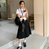 Daiiibabyyy  Preppy Style Pleated Skirt Women Vintage Korean Style Black Mid Length Skirt Harajuku Fashion Patchwork Classic Skirts