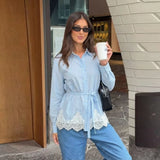 Daiiibabyyy  Elegant Lapel Single Breasted Long Sleeve Blouses Fashion Lace Patchwork Women Shirts Spring New Lady Stripe Tops Street