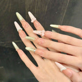 Daiiibabyyy  10pcs Shimmry Gold Cat's Eye Press On Nails Peach Pink French Pearl Skirt Hem Bowknots Handmade False Nail Long Almond Fake Nail