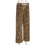 DAIIIBABYYY  -  Brown Leopard Print Casual Pants Autumn Winter Warm Lace-up Low Rise Straight Pants for Women y2k Streetwear Trousers New